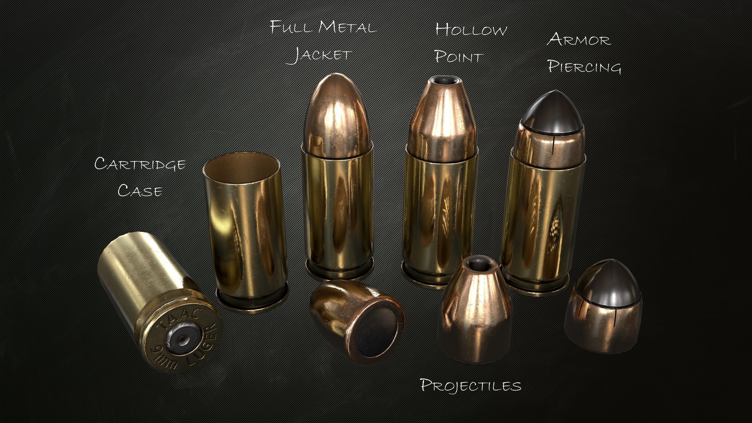 9mm Pistol Ammunition Pack Low-poly 3D model_2