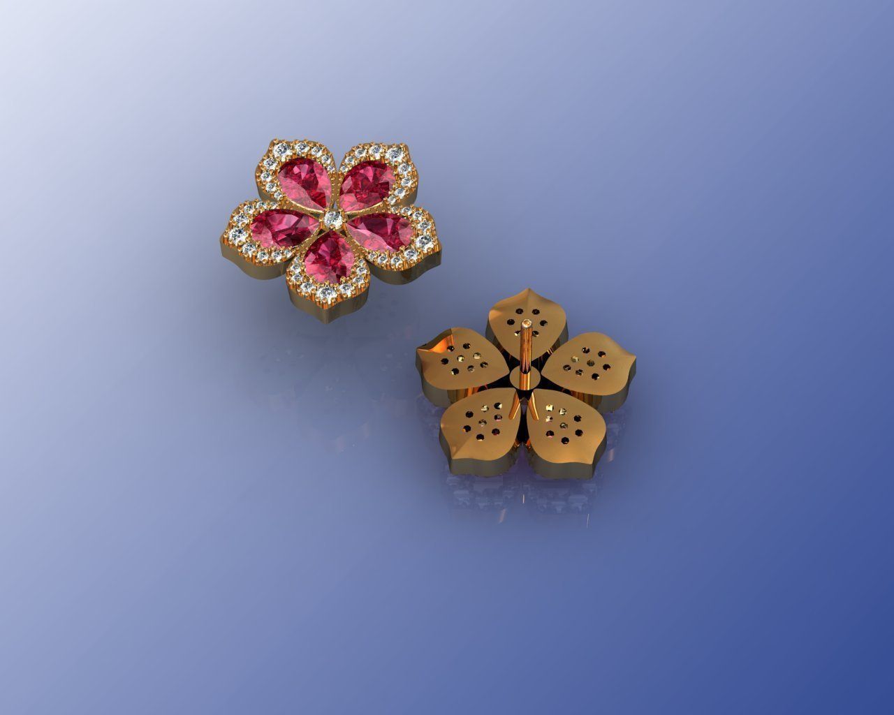 sergi1 pair of ruby and diamond flower earrings 3D print model_1