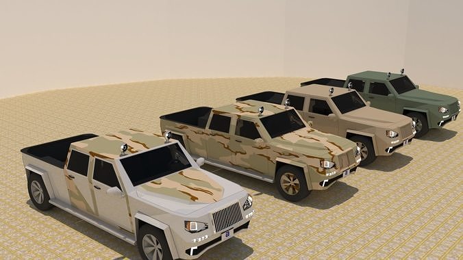 4 Door 4x4 Military Pick-up Truck Low-poly 3D model