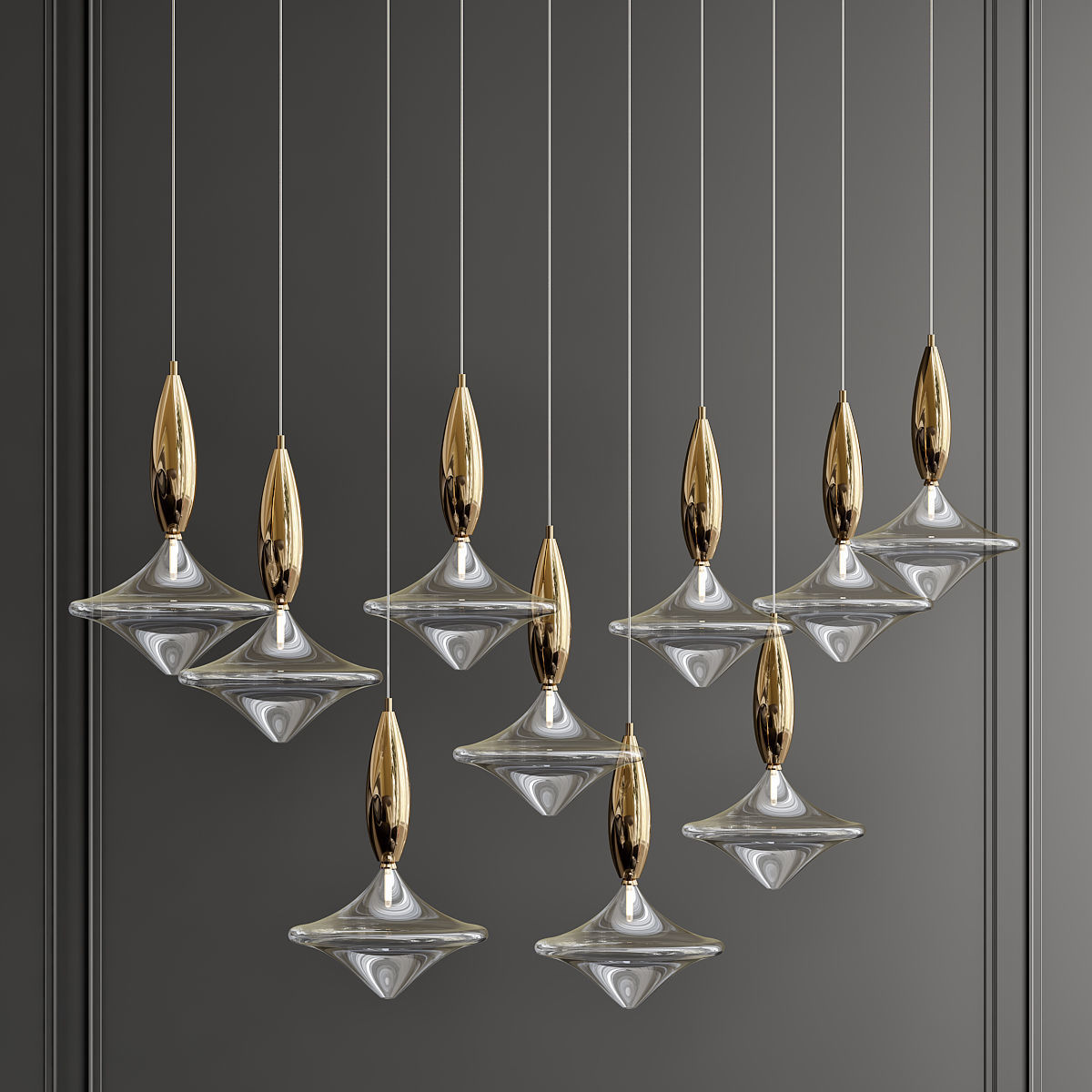 ETOILE group of gold and glass pendants hanging from wall 3D model_1