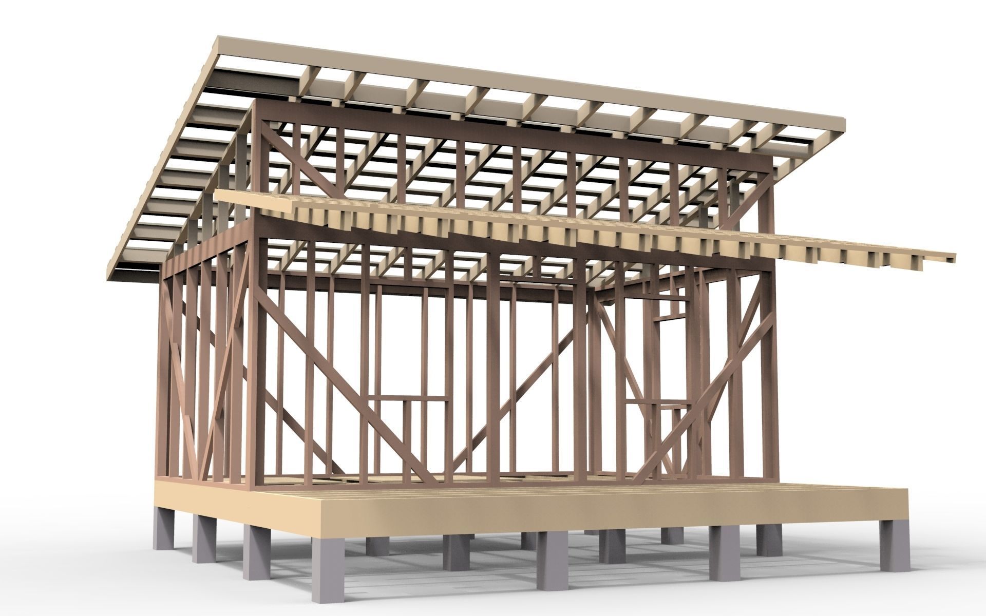 Wooden frame house Low-poly 3D model_5