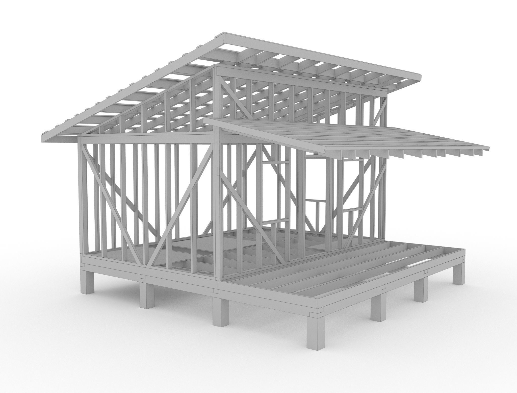 Wooden frame house Low-poly 3D model_11