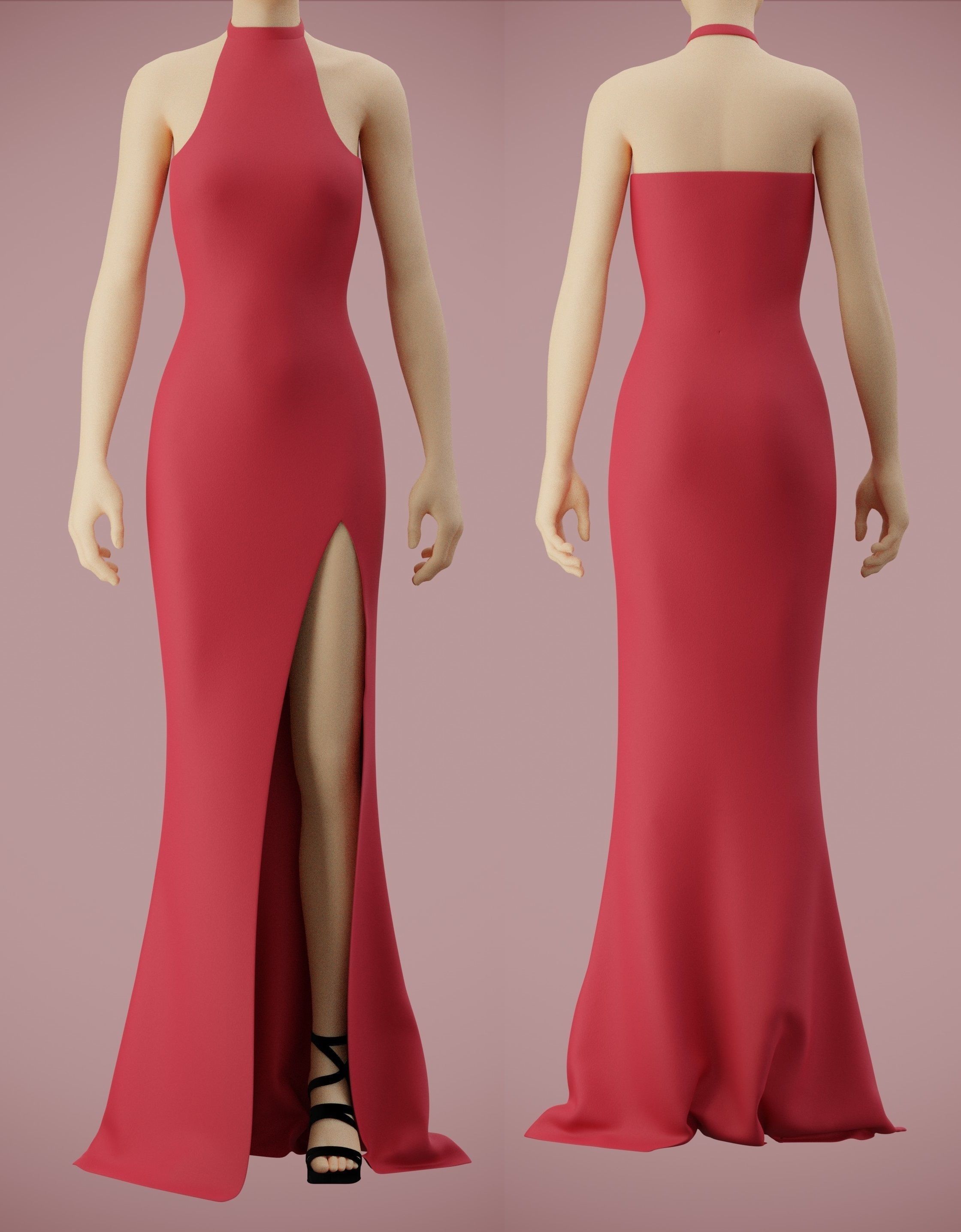 Halter neck gown with high slit Low-poly 3D model_1