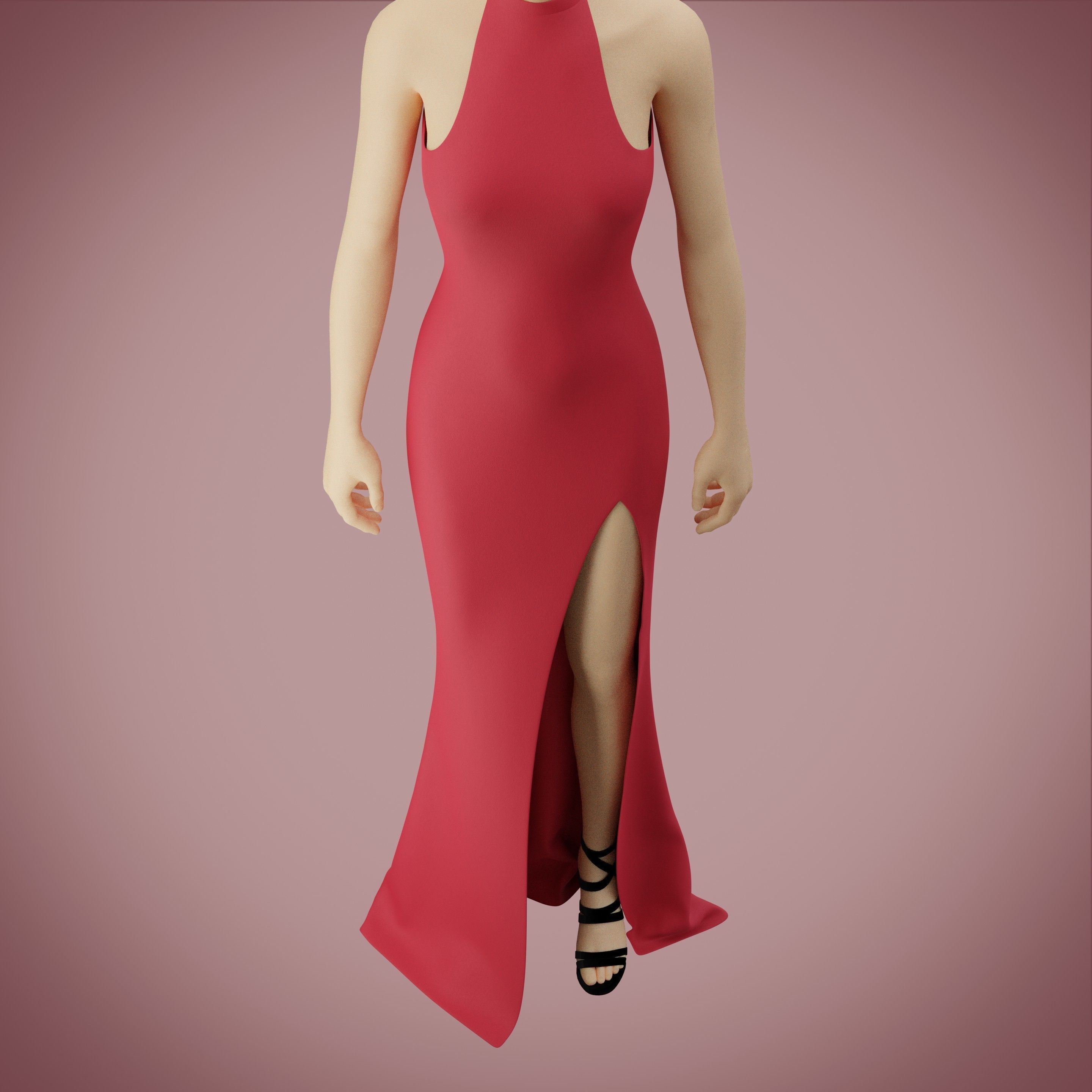 Halter neck gown with high slit Low-poly 3D model_6