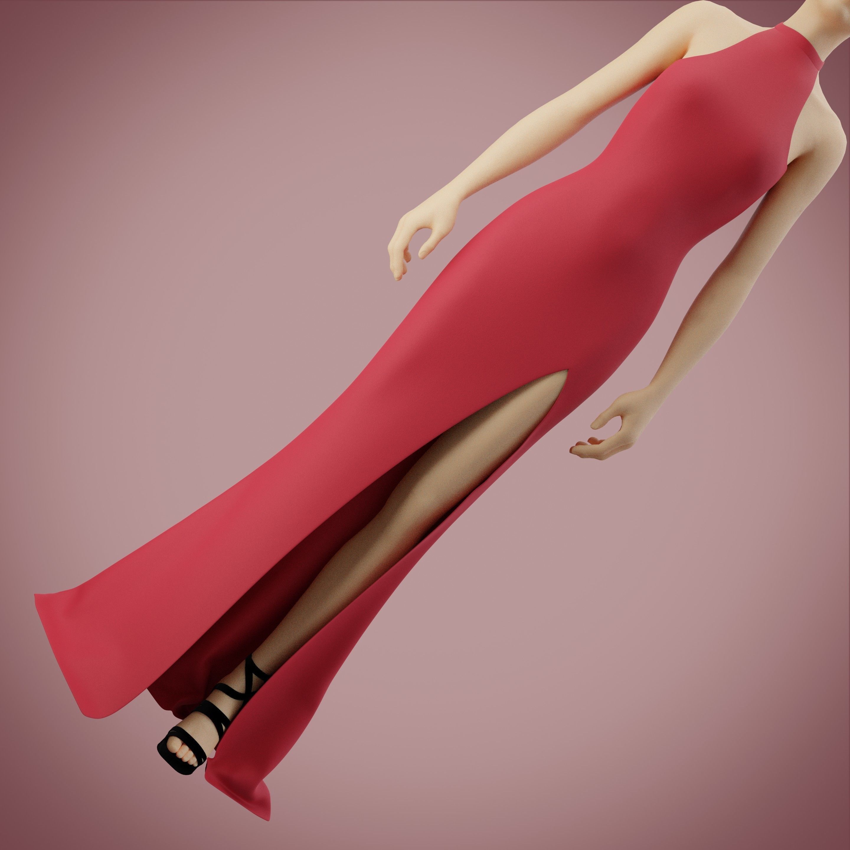 Halter neck gown with high slit Low-poly 3D model_11