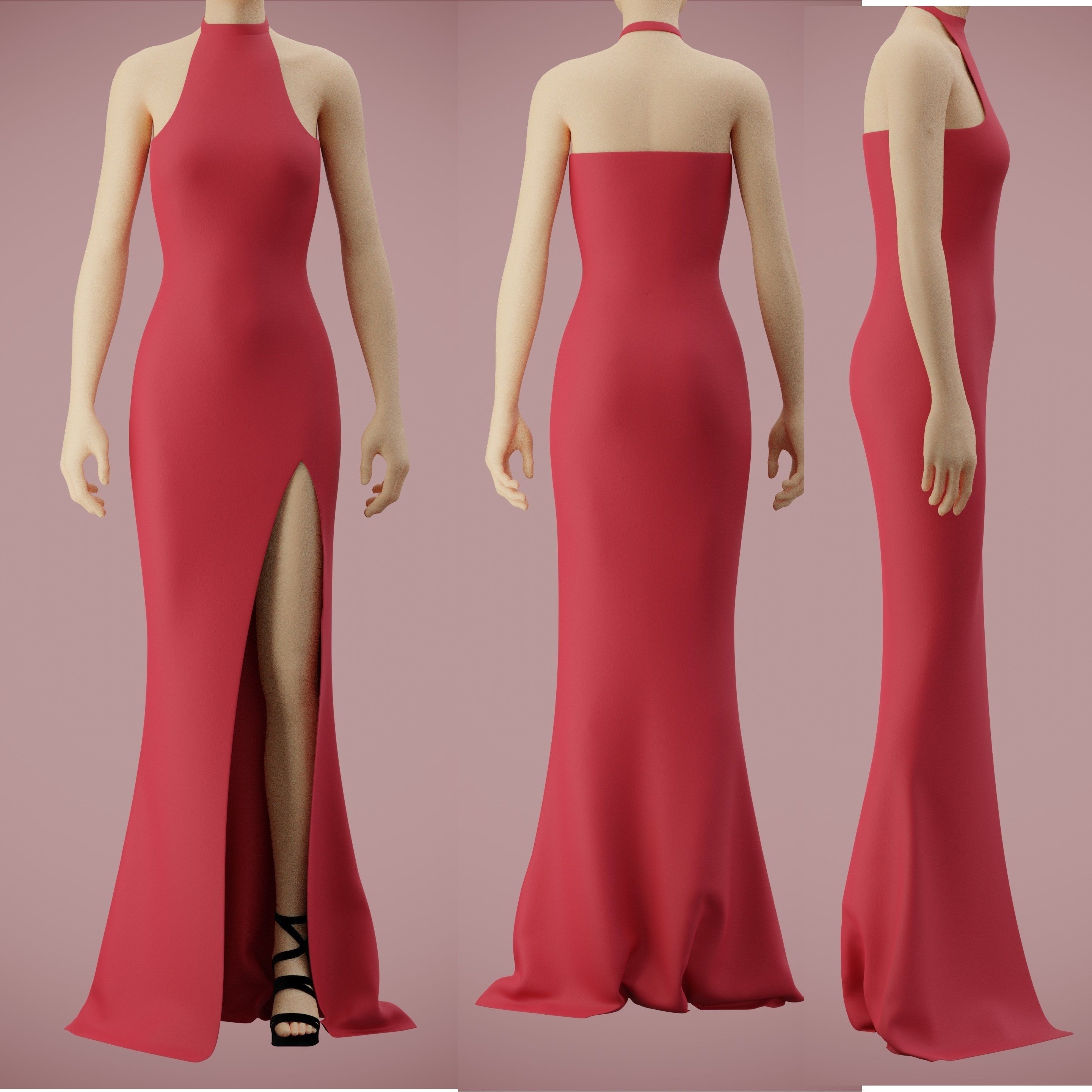 Halter neck gown with high slit Low-poly 3D model_35