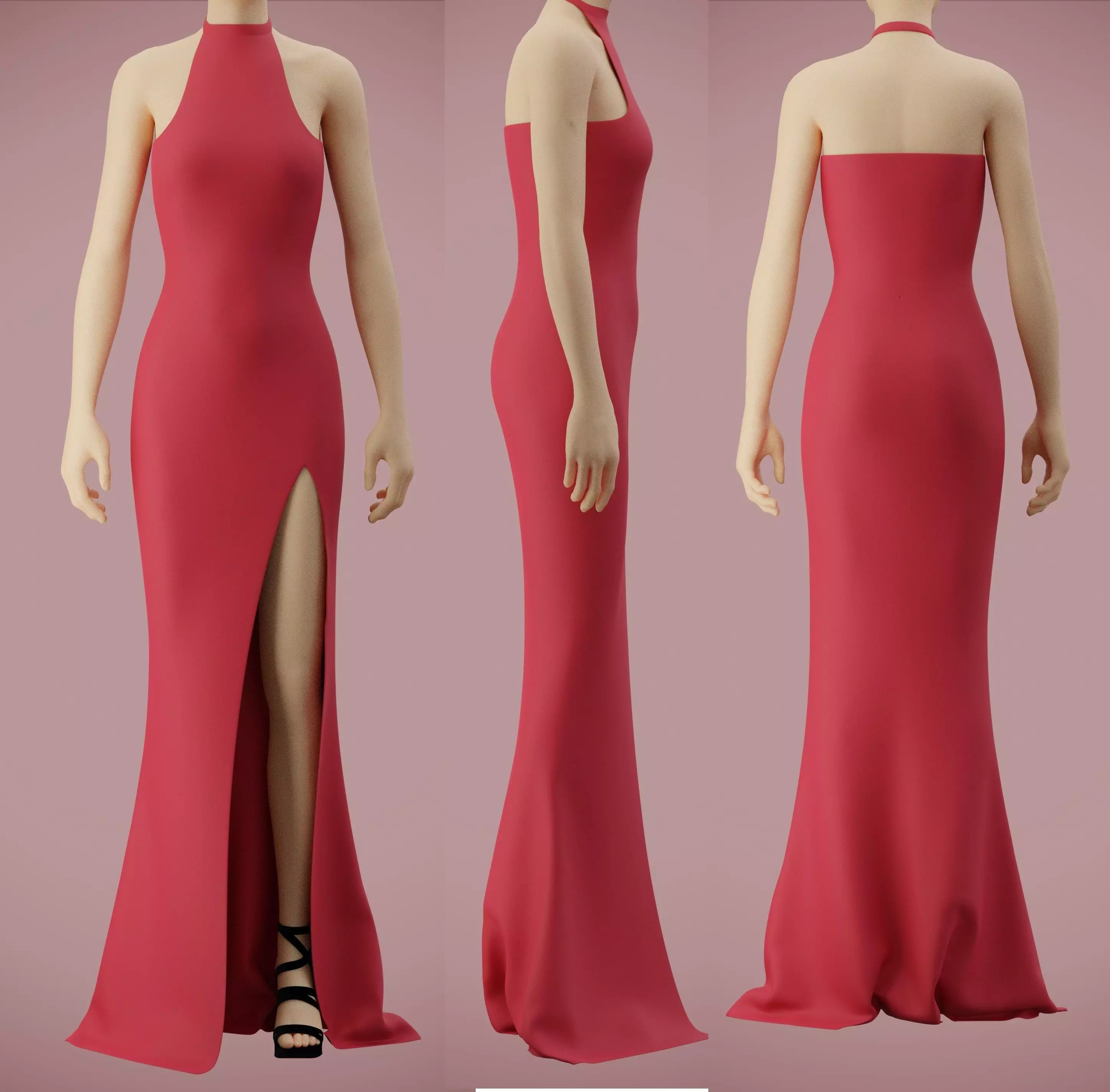 Halter neck gown with high slit Low-poly 3D model_0