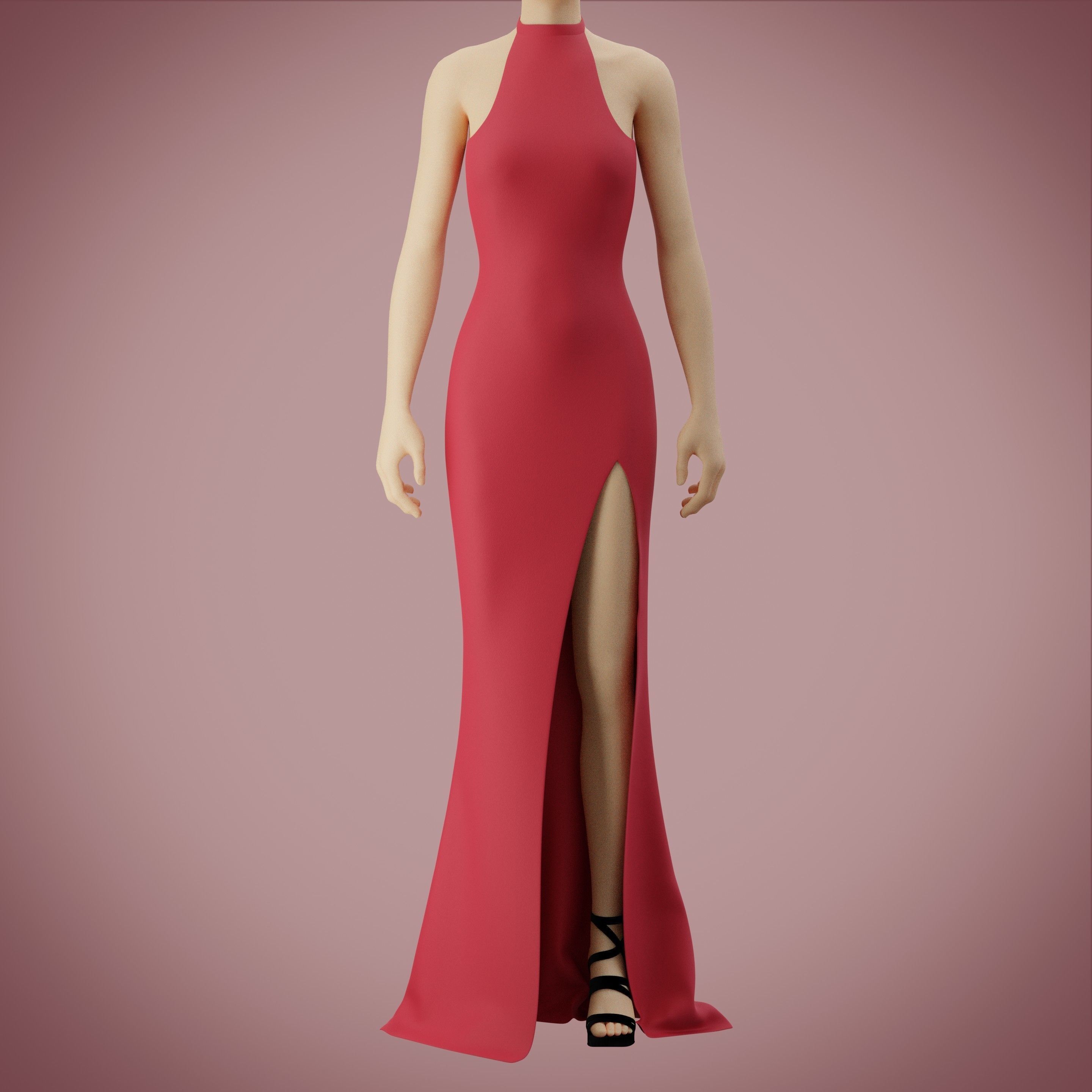 Halter neck gown with high slit Low-poly 3D model_2