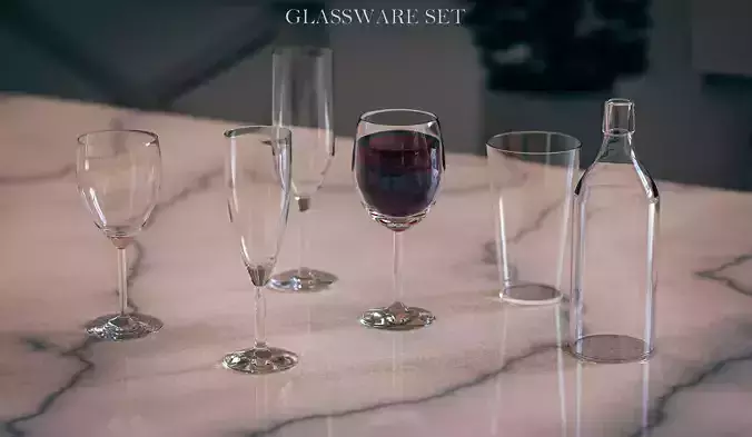 Glassware Set of wine glasses on marble counter