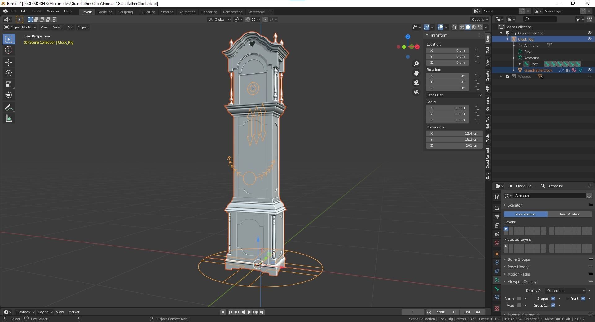 Rigged Grandfather Clock Low-poly 3D model_15