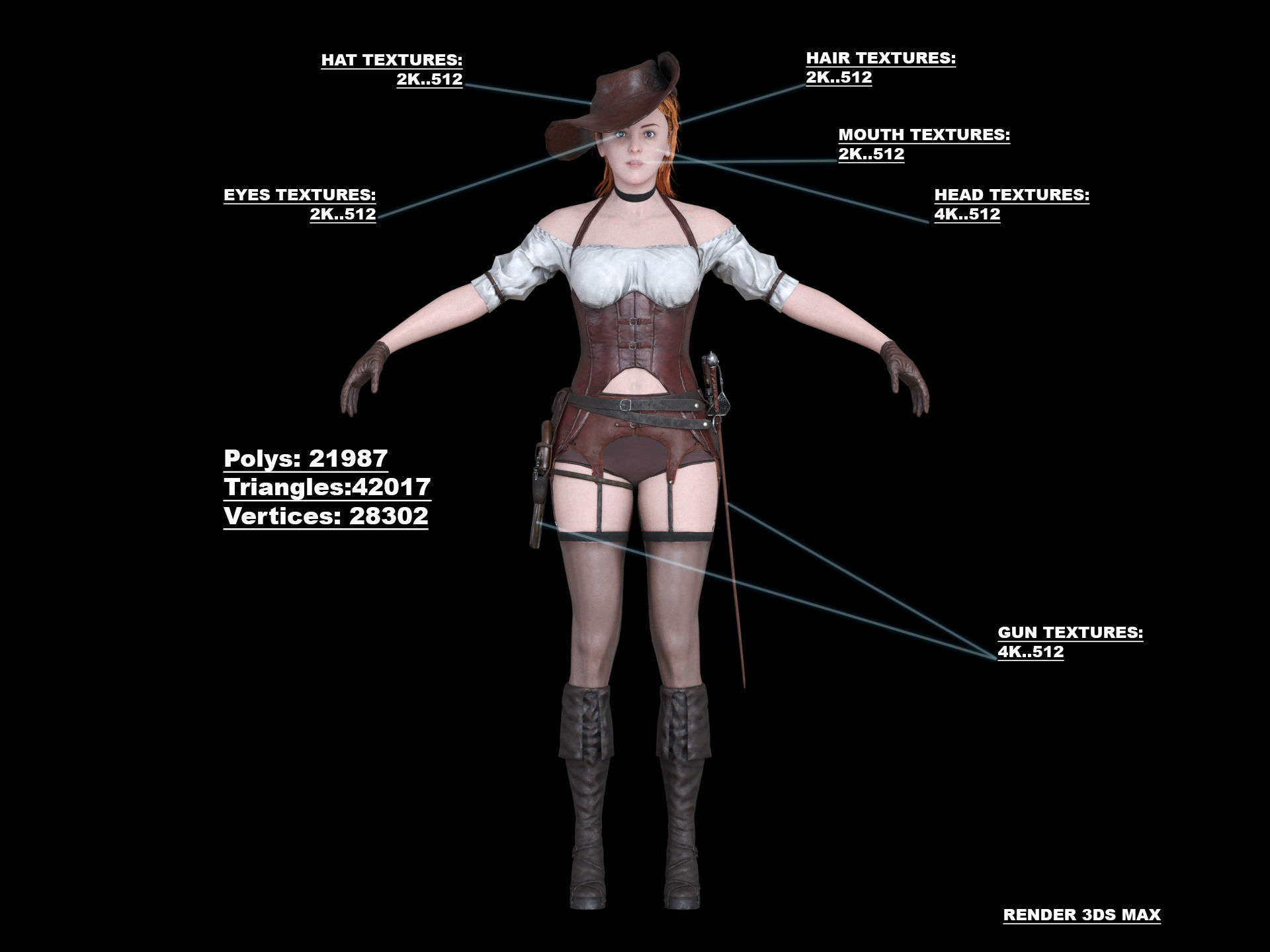 Pirate Girl Game Ready Character model Low-poly 3D model_3