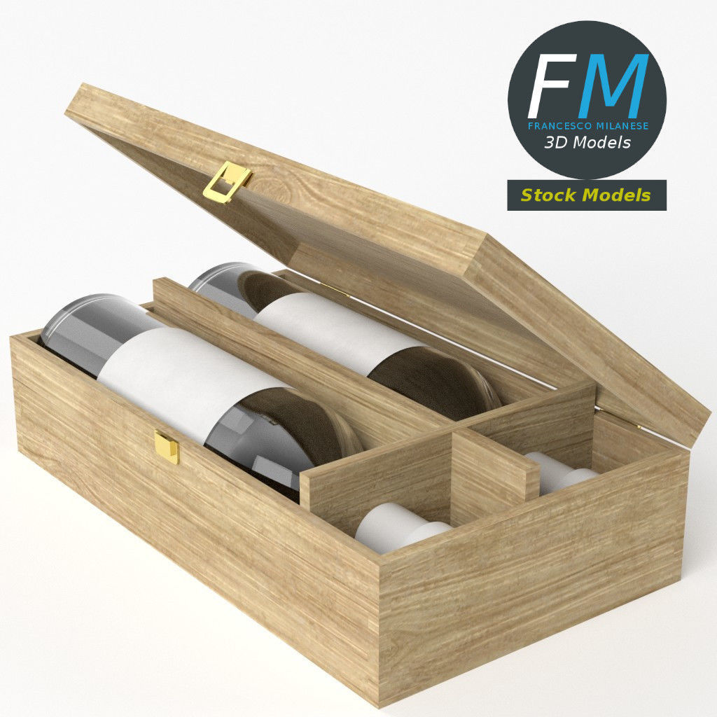 Wooden box with two wine bottles 3D model_5