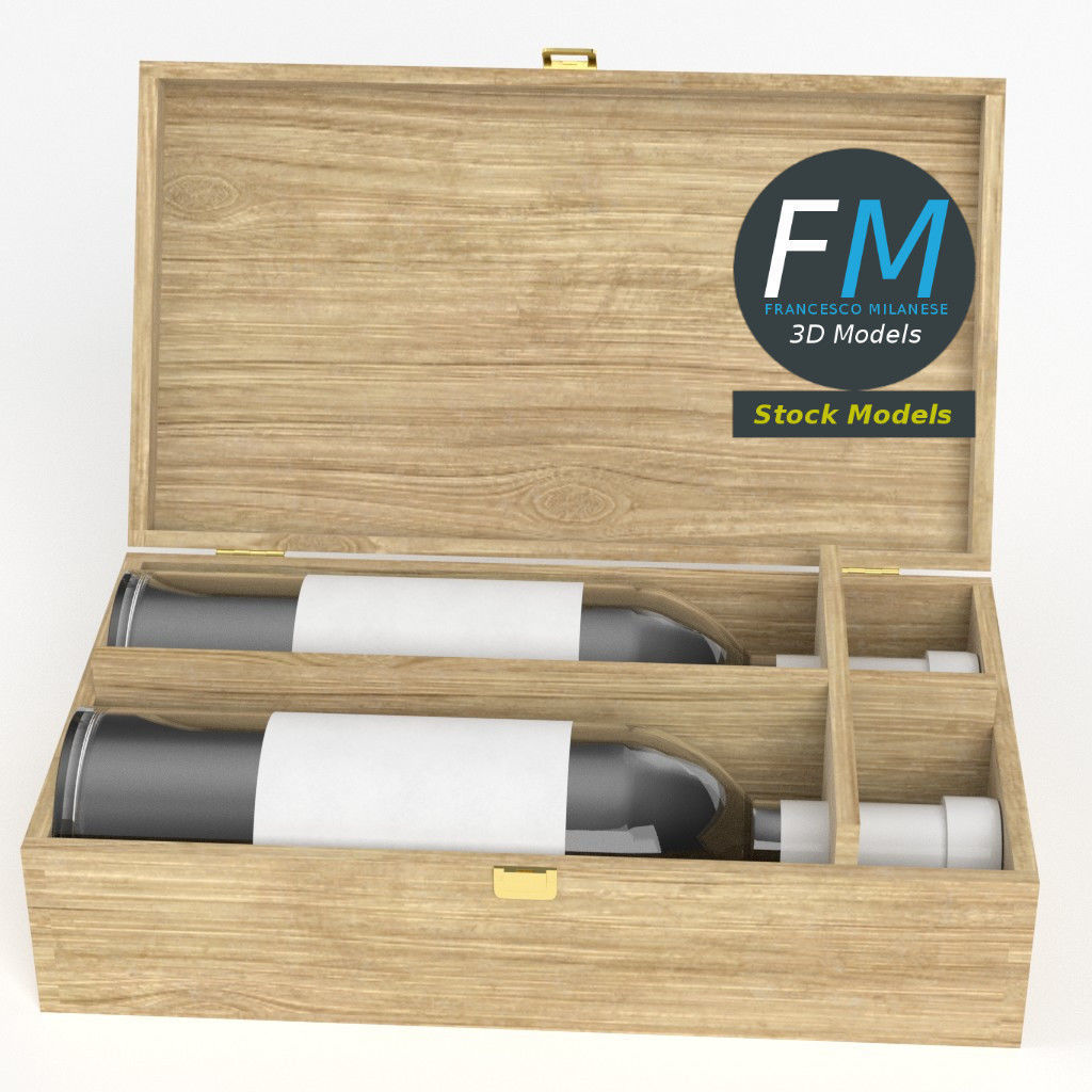 Wooden box with two wine bottles 3D model_2