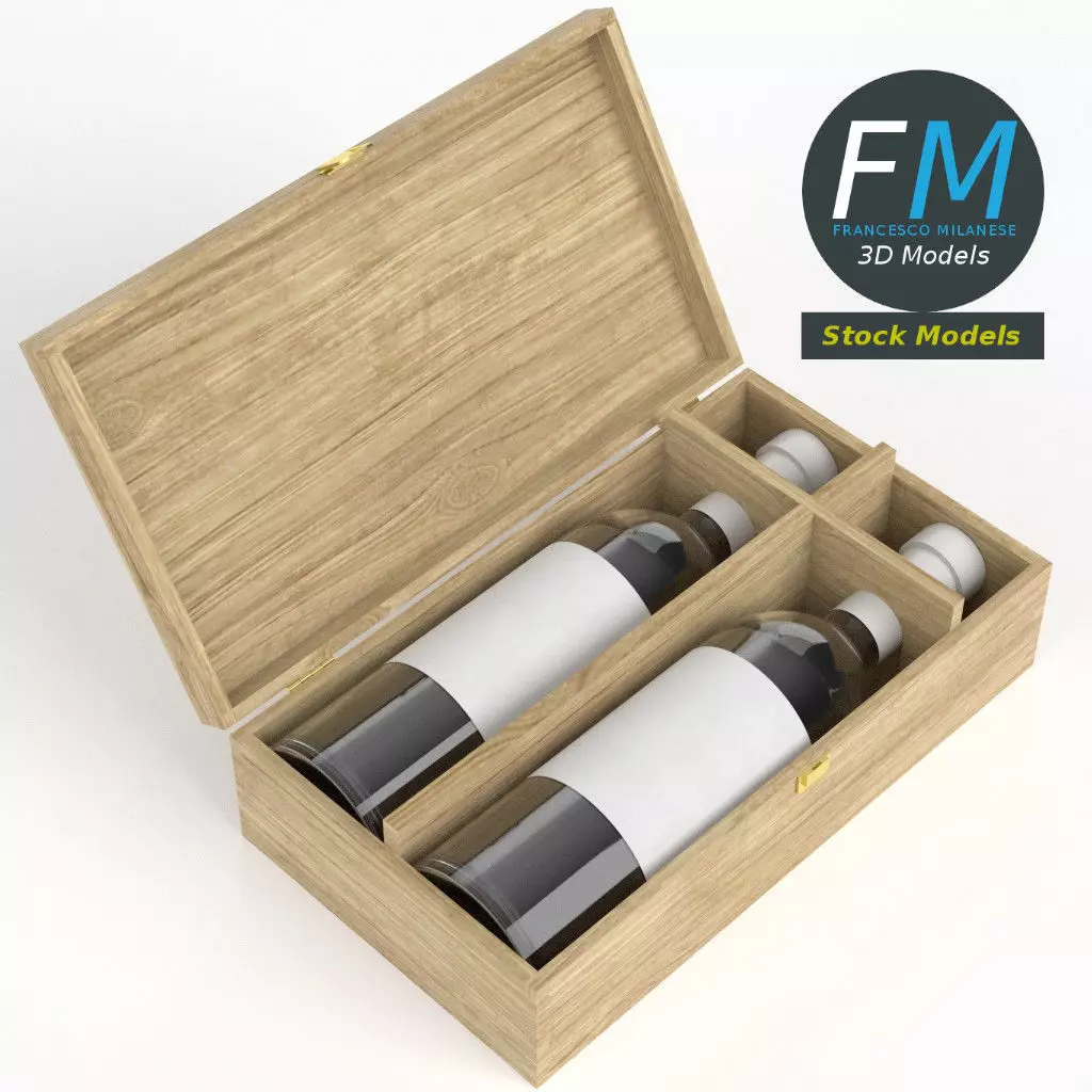 Wooden box with two wine bottles 3D model_0