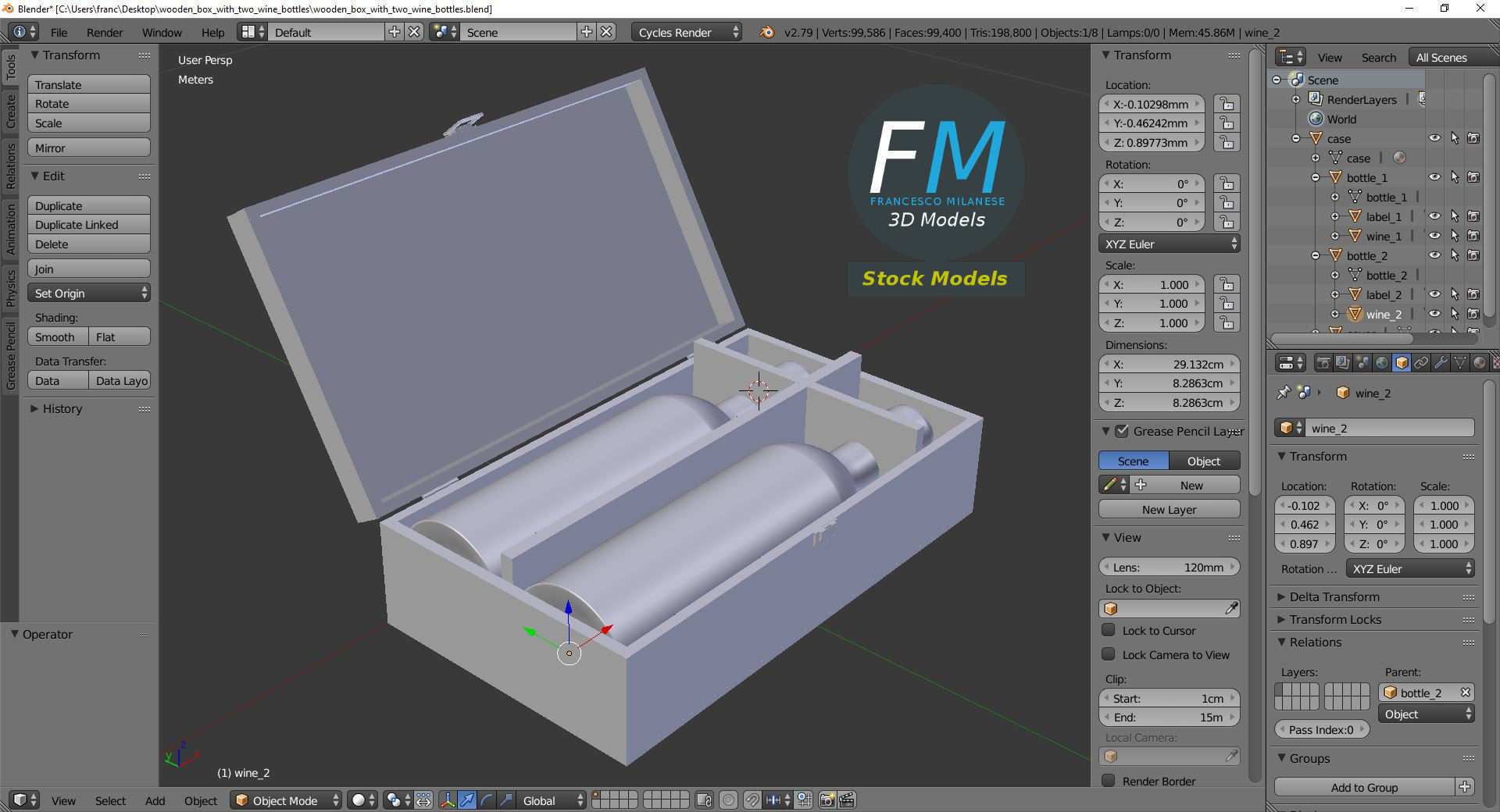 Wooden box with two wine bottles 3D model_9