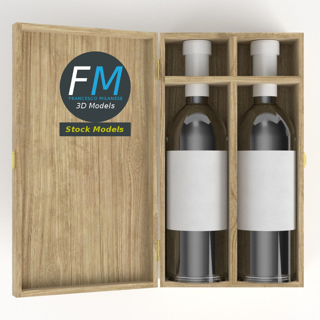 Wooden box with two wine bottles 3D model_6