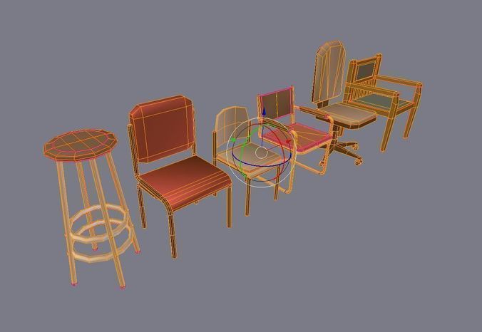Chairs Set Low Poly two with metal frame and seat Low-poly 3D model_12