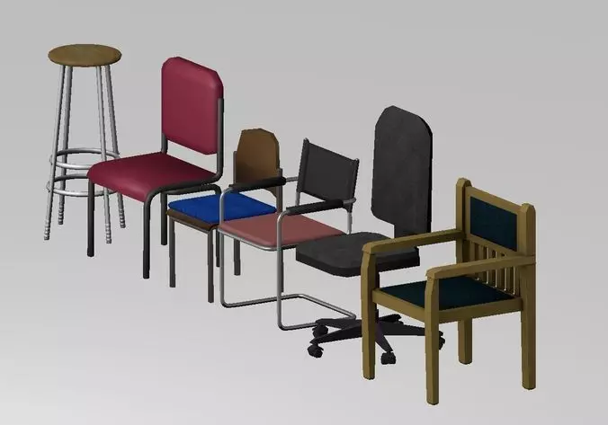 Chairs Set Low Poly two with metal frame and seat Low-poly 3D model_0