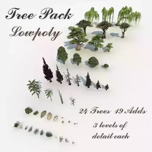 Trees pack lowpoly plus pebbles and small bushes