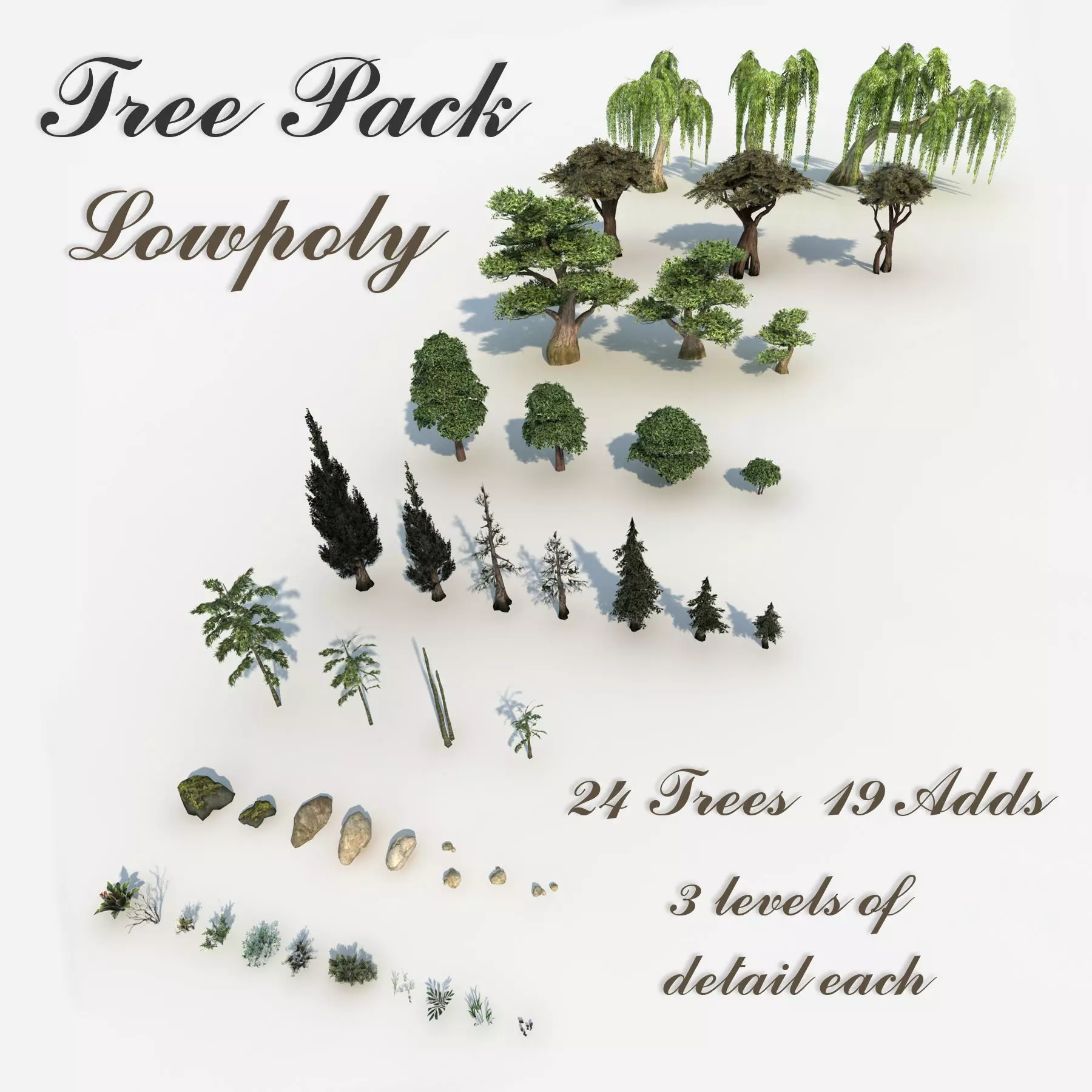 Trees pack lowpoly plus pebbles and small bushes Low-poly 3D model_0
