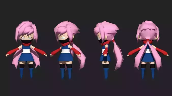 Low Poly Chibi Ninja Woman 4 Character
