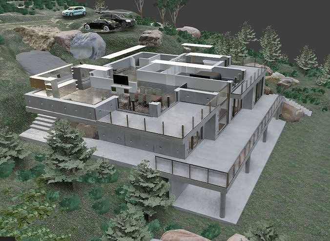 Modern house on the hill side 3D model 5