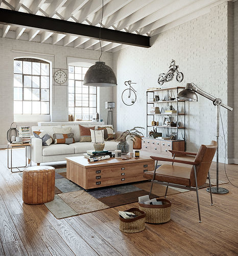 Industrial Living Interior scene 3D model 3
