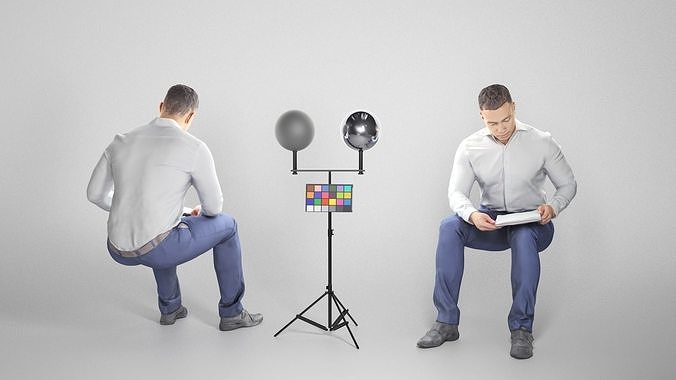Cute young man in suit  is sitting and reading documents 180 Low-poly 3D model
