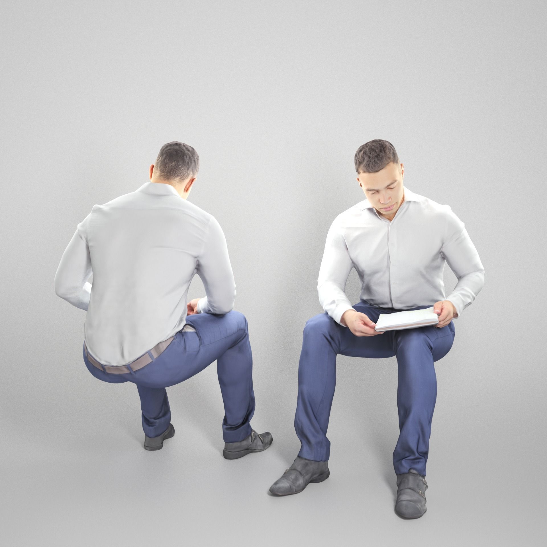 Cute young man in suit is sitting and reading documents 180 Low-poly 3D model_1