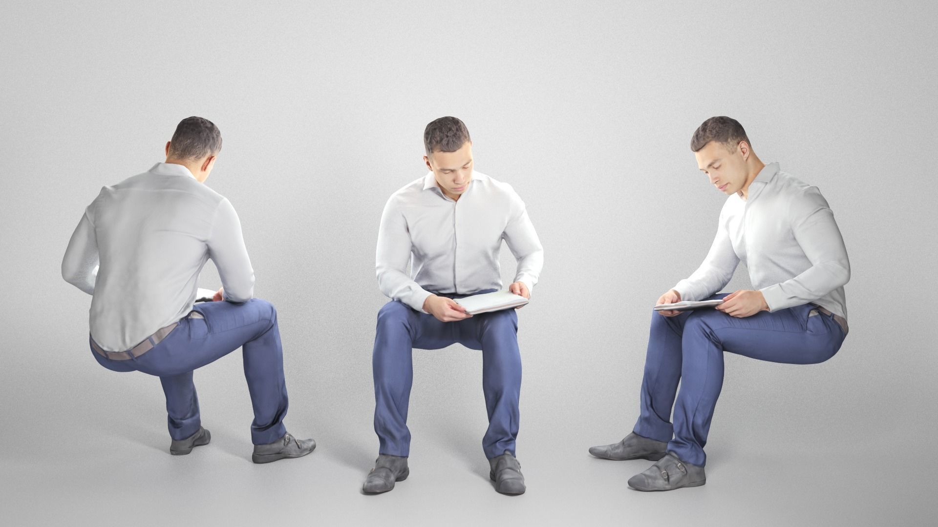 Cute young man in suit is sitting and reading documents 180 Low-poly 3D model_2