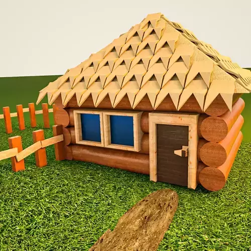 Low poly house log cabin in grass