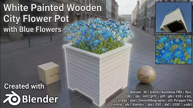 Public Plant Pot Wood-Version with Blue Flowers
