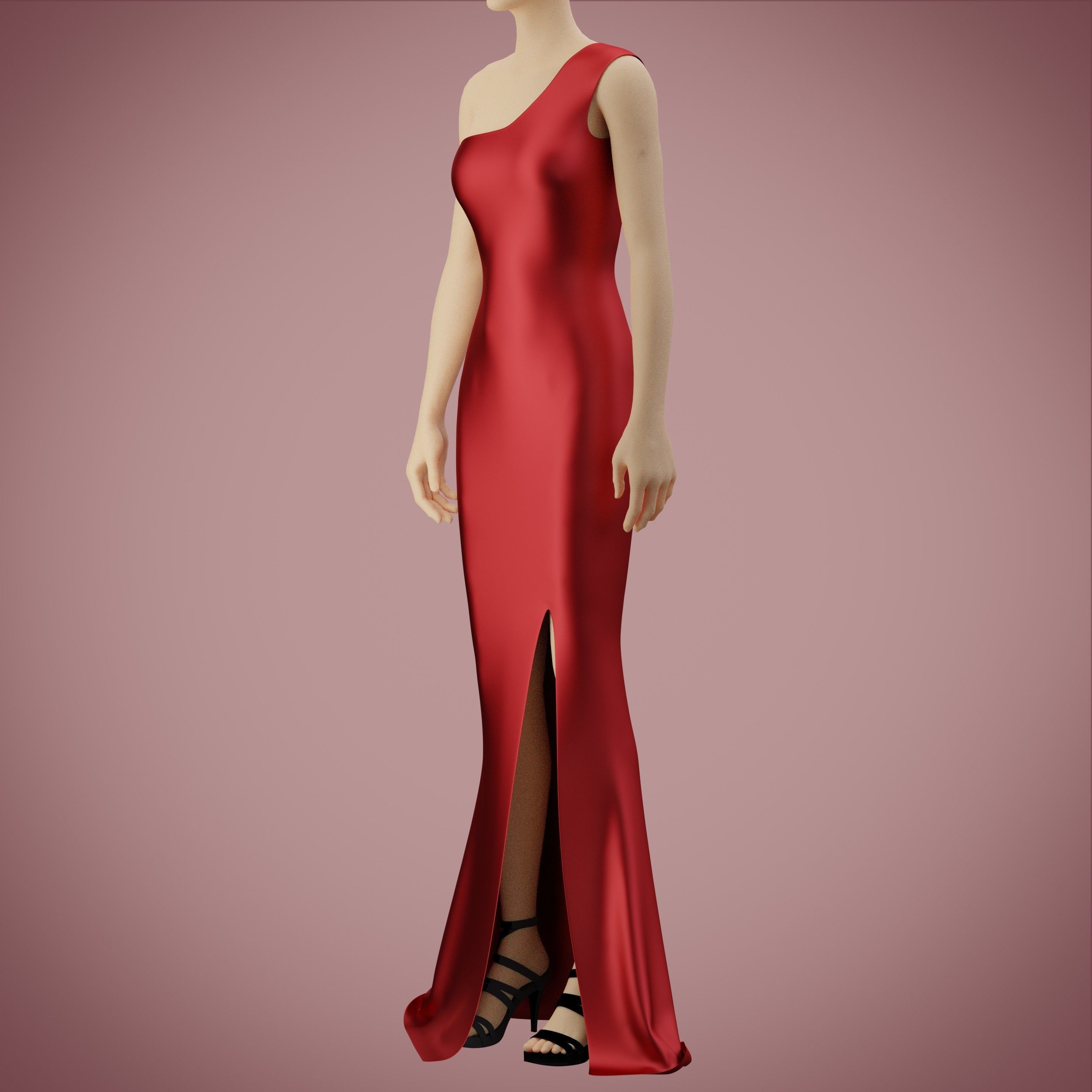 one shoulder satin slit dress Low-poly 3D model_4