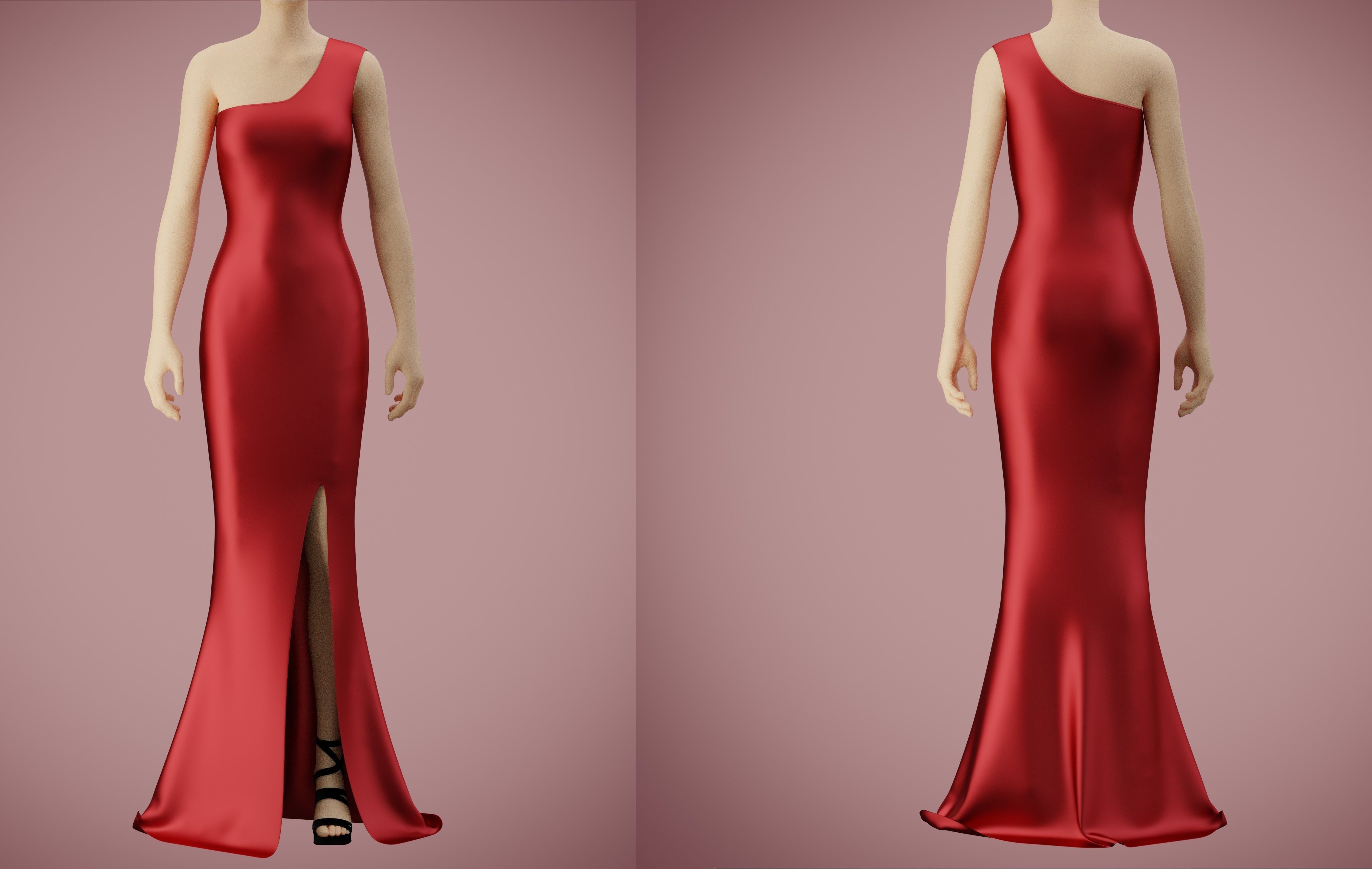 one shoulder satin slit dress Low-poly 3D model_9