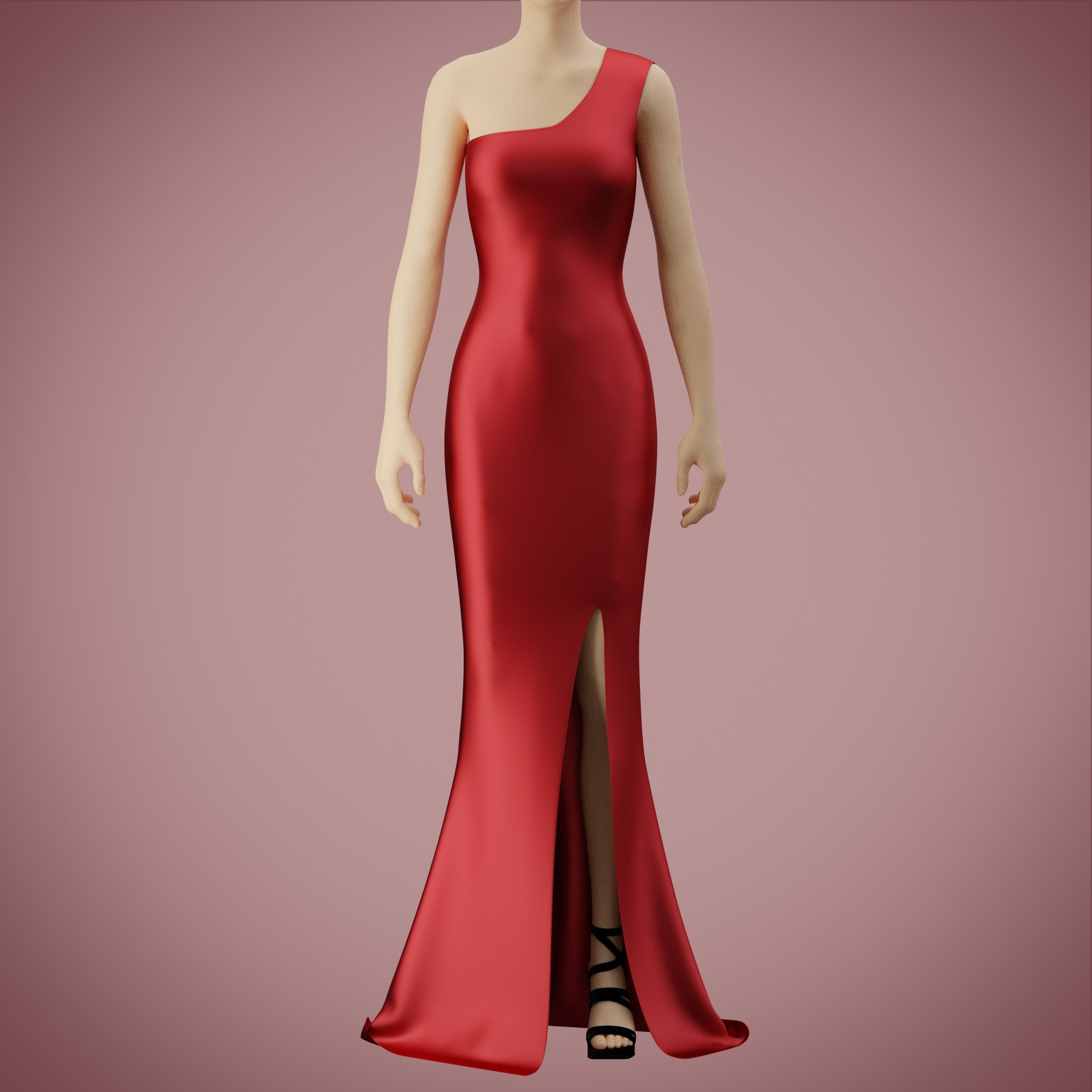 one shoulder satin slit dress Low-poly 3D model_1