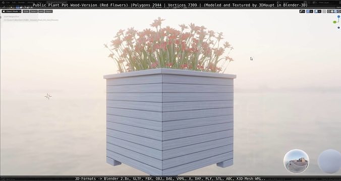 Public Plant Pot Wood-Version with Red Flowers Low-poly 3D model