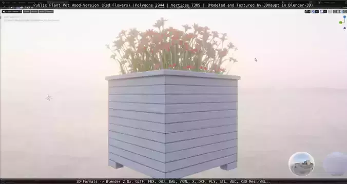 Public Plant Pot Wood-Version with Red Flowers Low-poly 3D model
