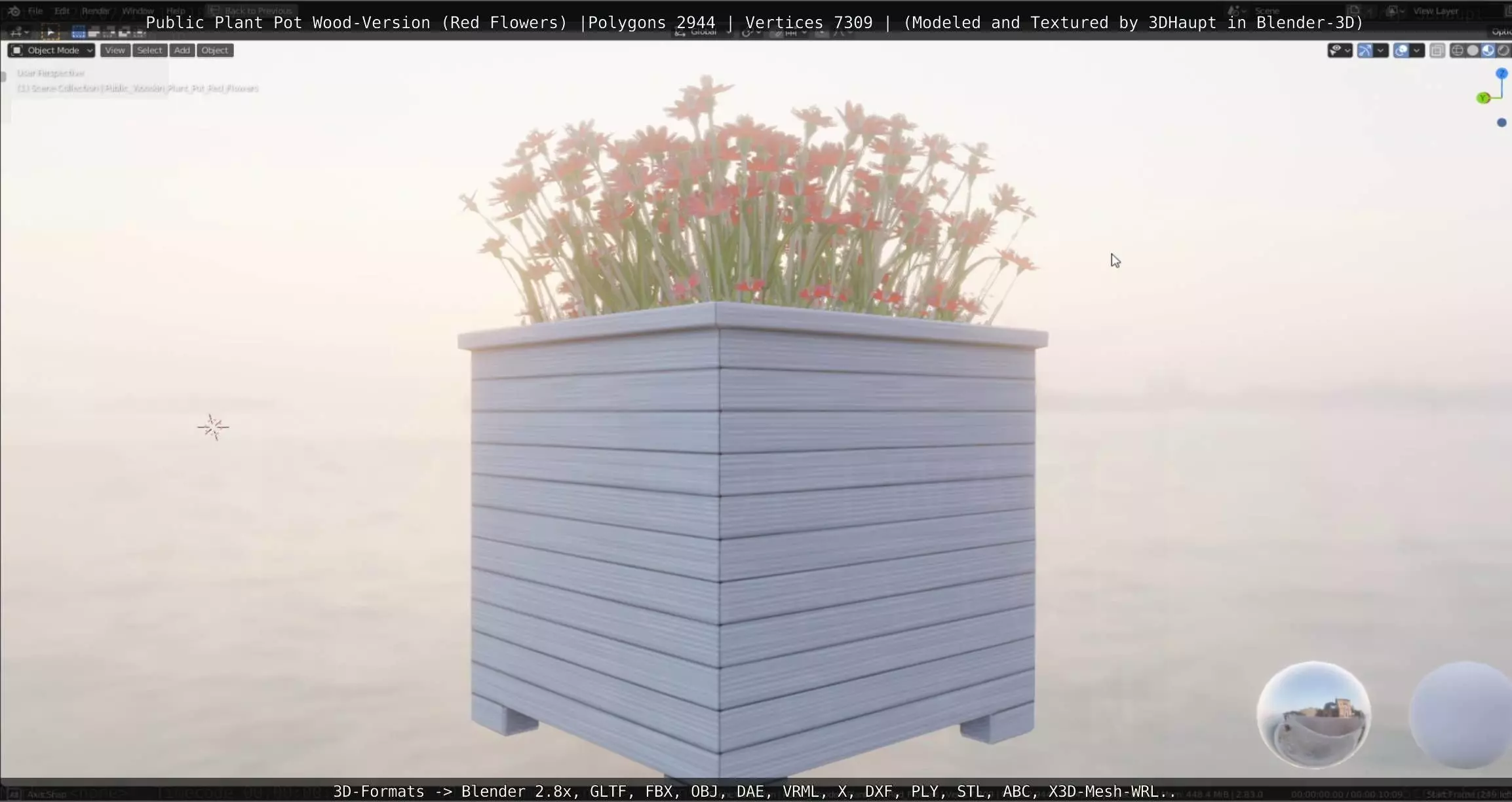 Public Plant Pot Wood-Version with Red Flowers Low-poly 3D model_0