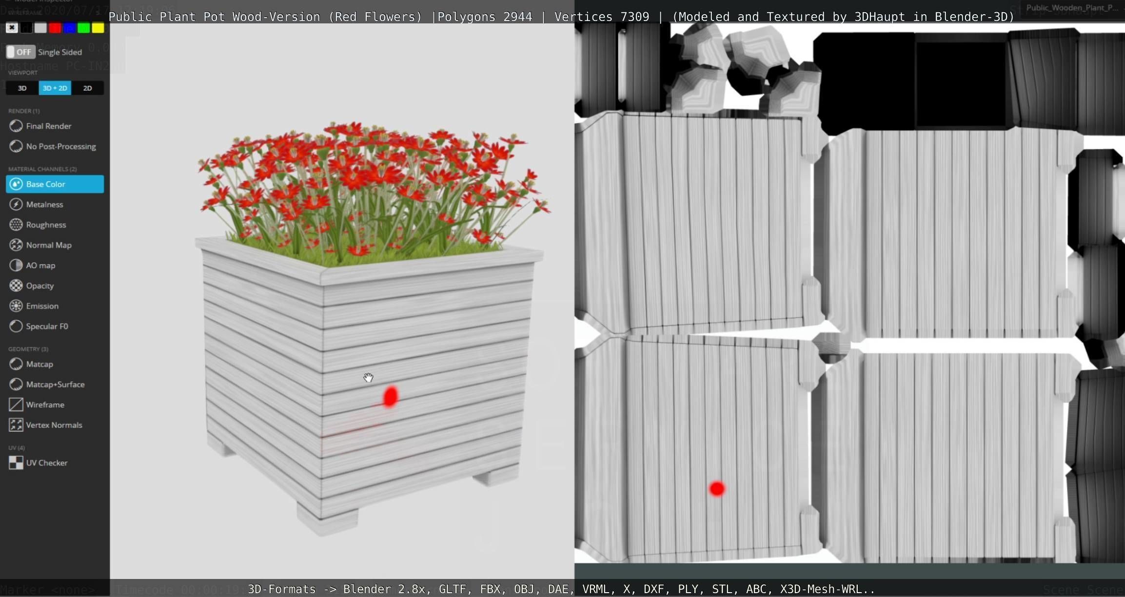 Public Plant Pot Wood-Version with Red Flowers Low-poly 3D model_89