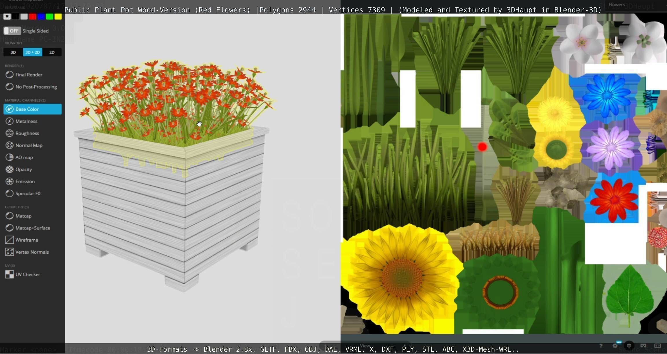 Public Plant Pot Wood-Version with Red Flowers Low-poly 3D model_84