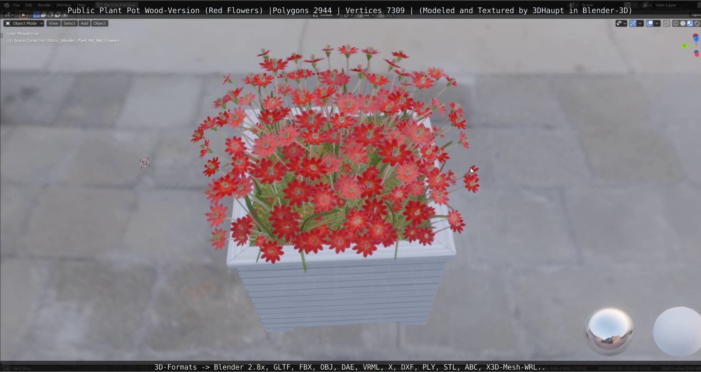 Public Plant Pot Wood-Version with Red Flowers Low-poly 3D model_3
