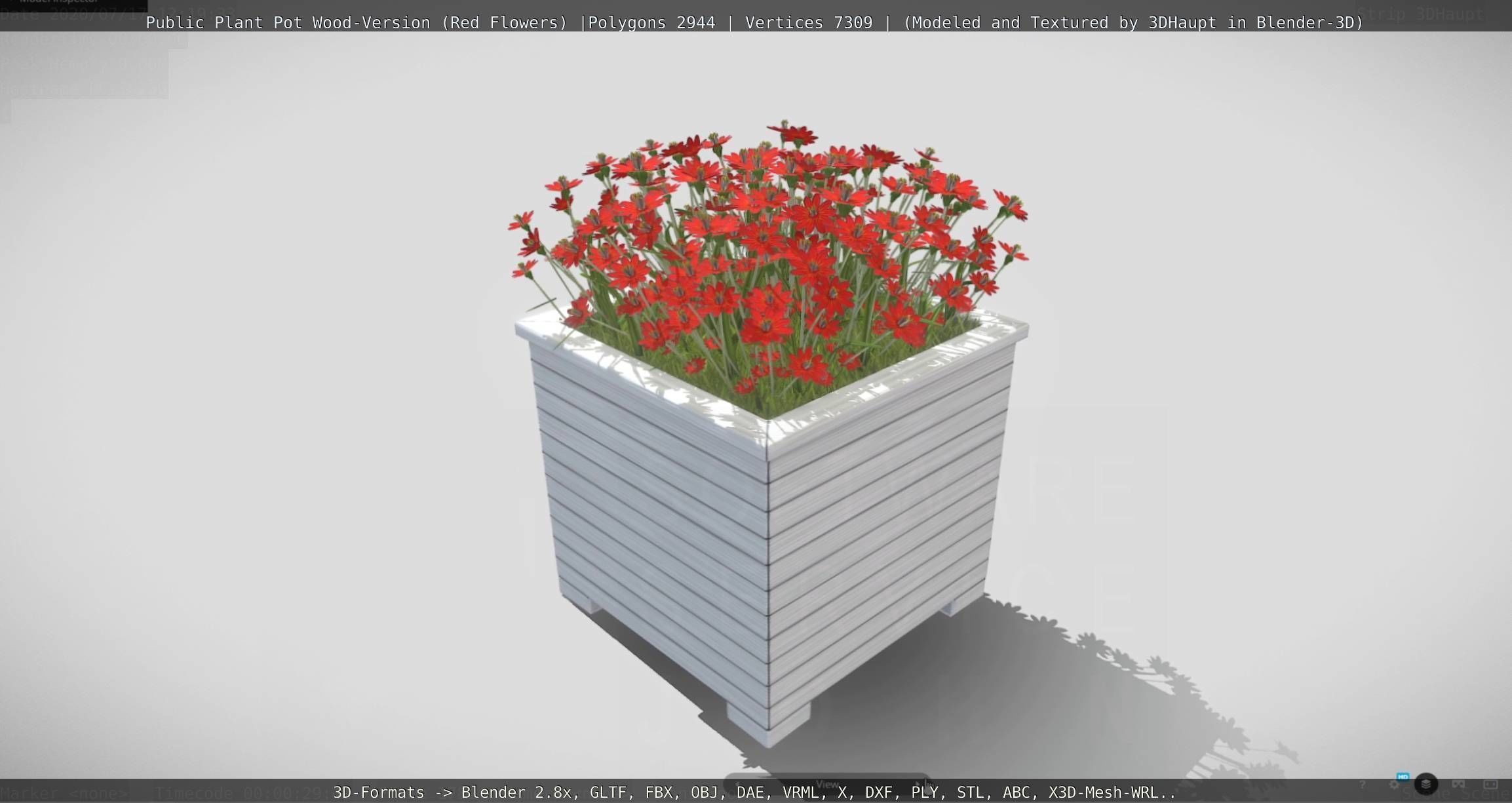 Public Plant Pot Wood-Version with Red Flowers Low-poly 3D model_137
