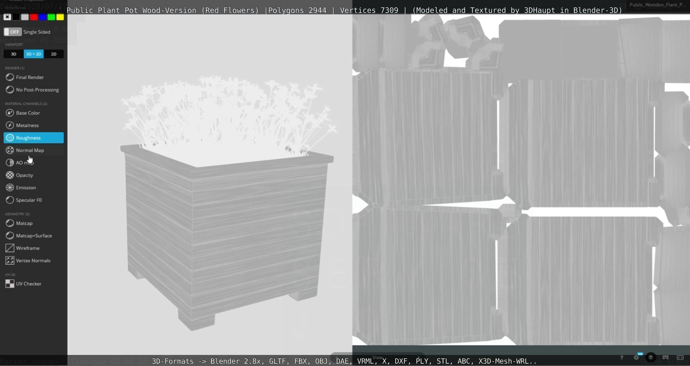 Public Plant Pot Wood-Version with Red Flowers Low-poly 3D model_93