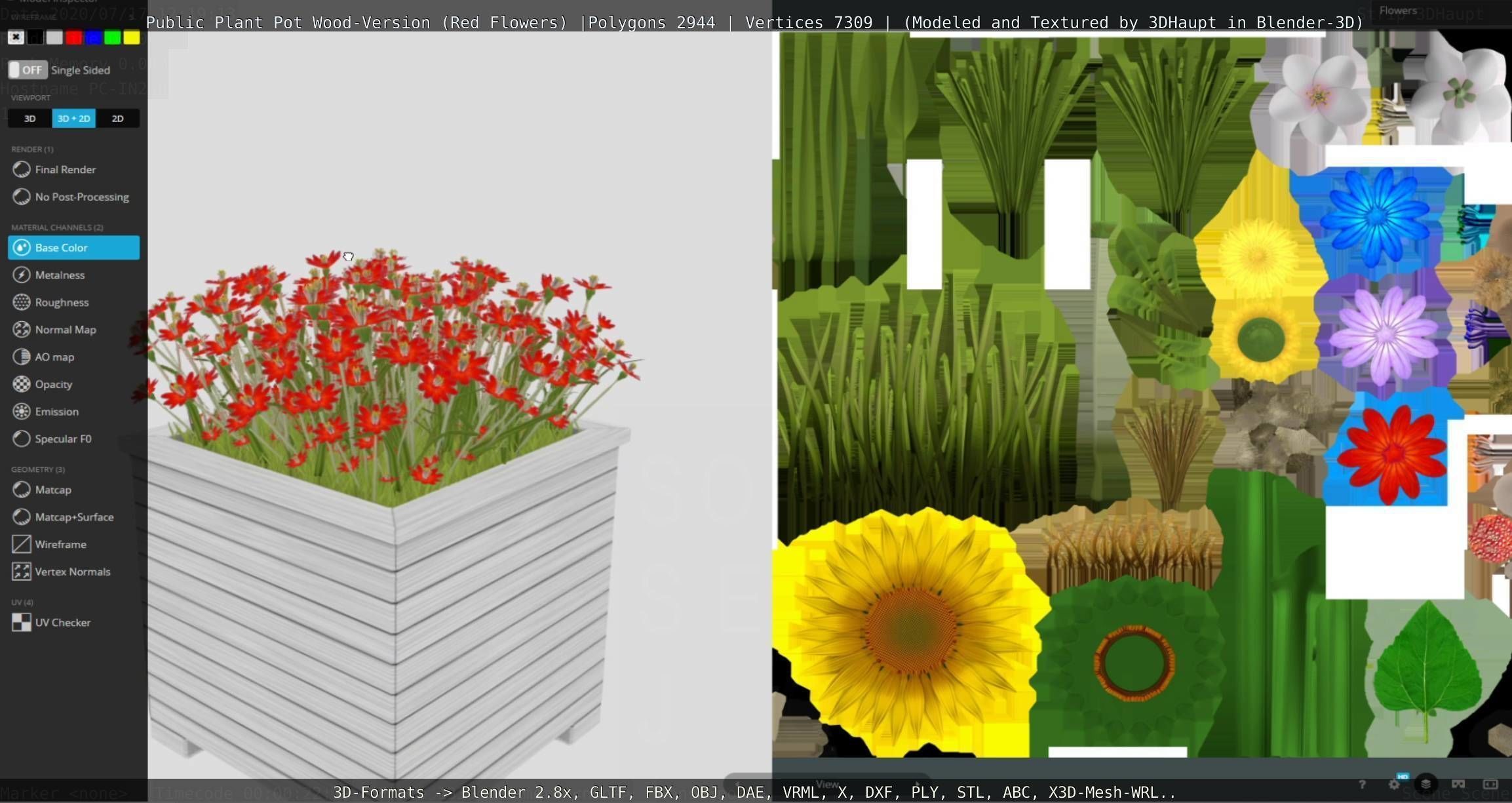 Public Plant Pot Wood-Version with Red Flowers Low-poly 3D model_103