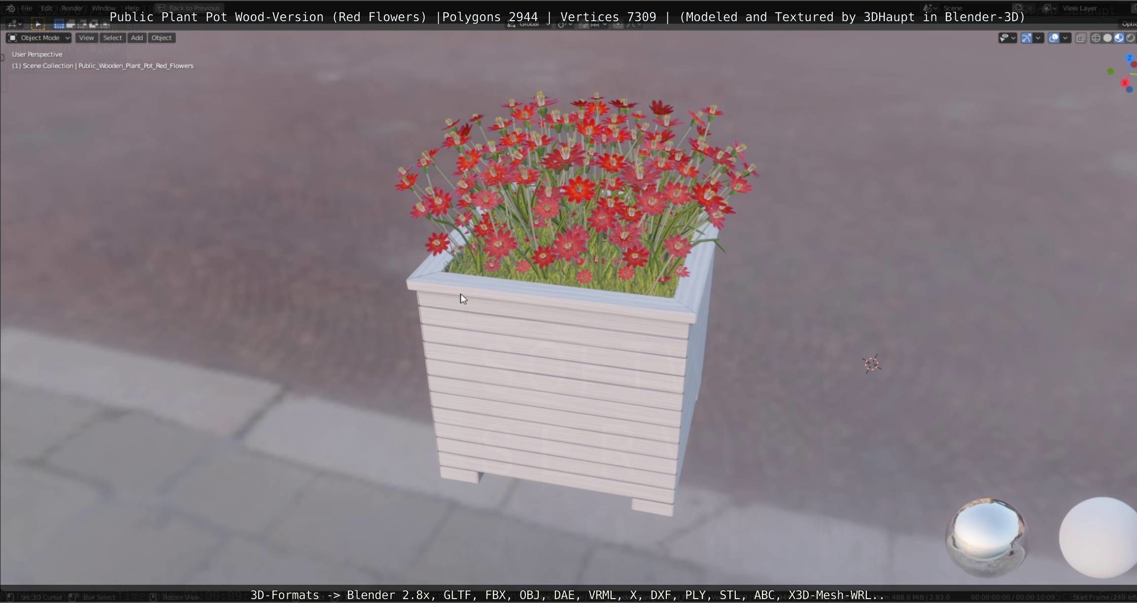 Public Plant Pot Wood-Version with Red Flowers Low-poly 3D model_43