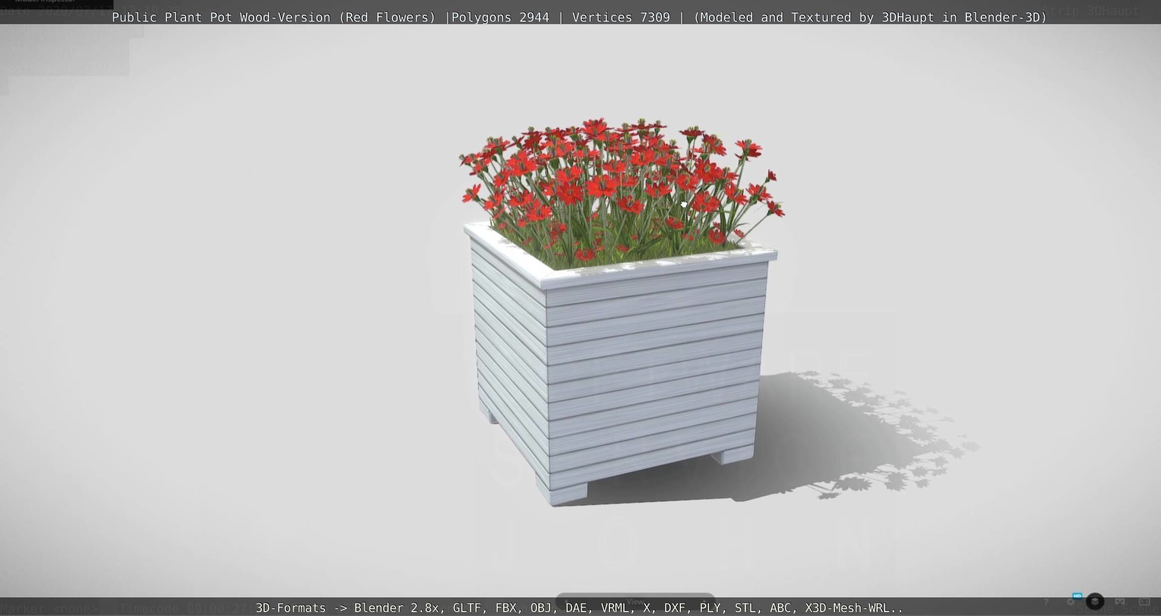 Public Plant Pot Wood-Version with Red Flowers Low-poly 3D model_129