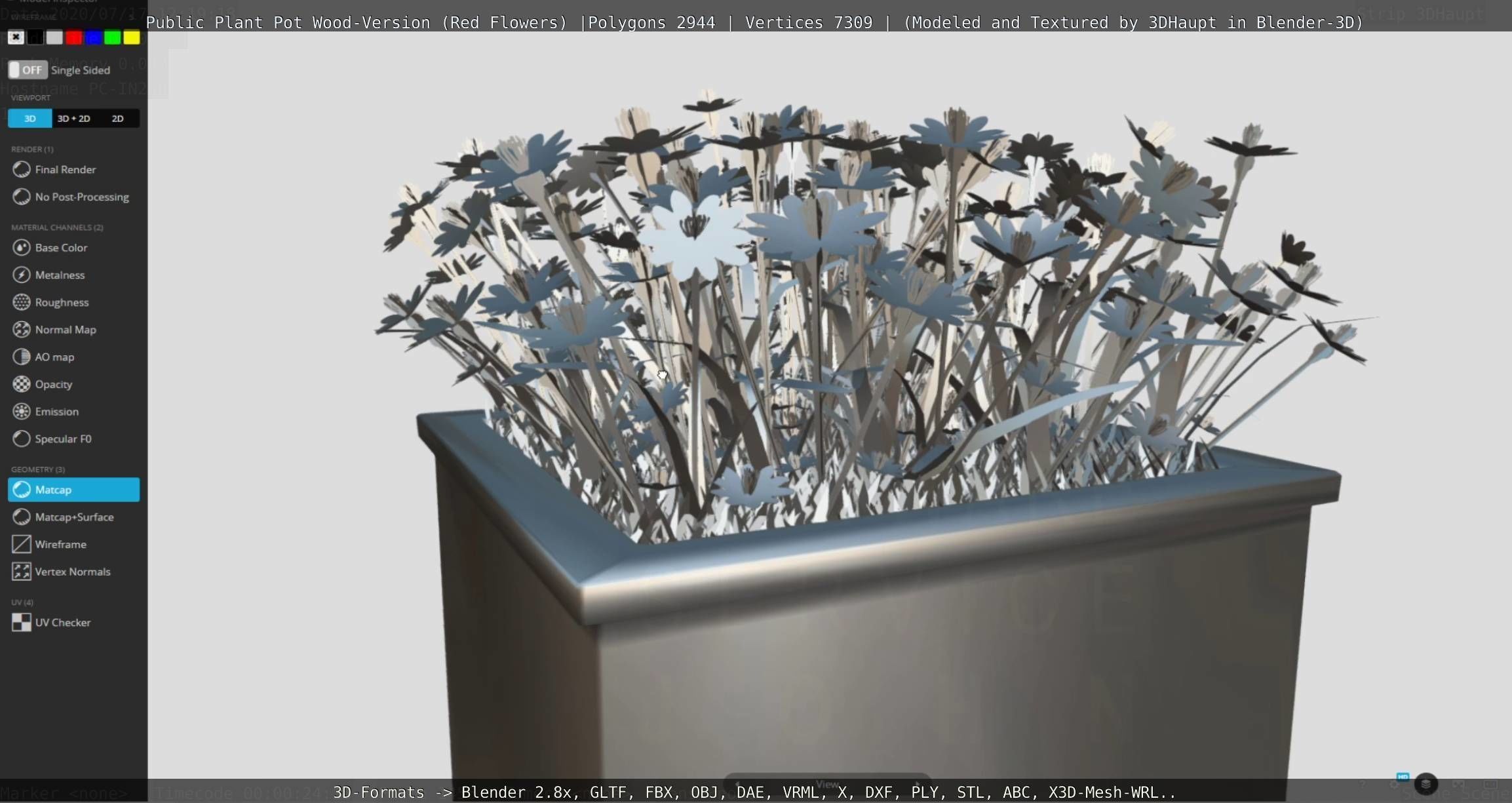 Public Plant Pot Wood-Version with Red Flowers Low-poly 3D model_112