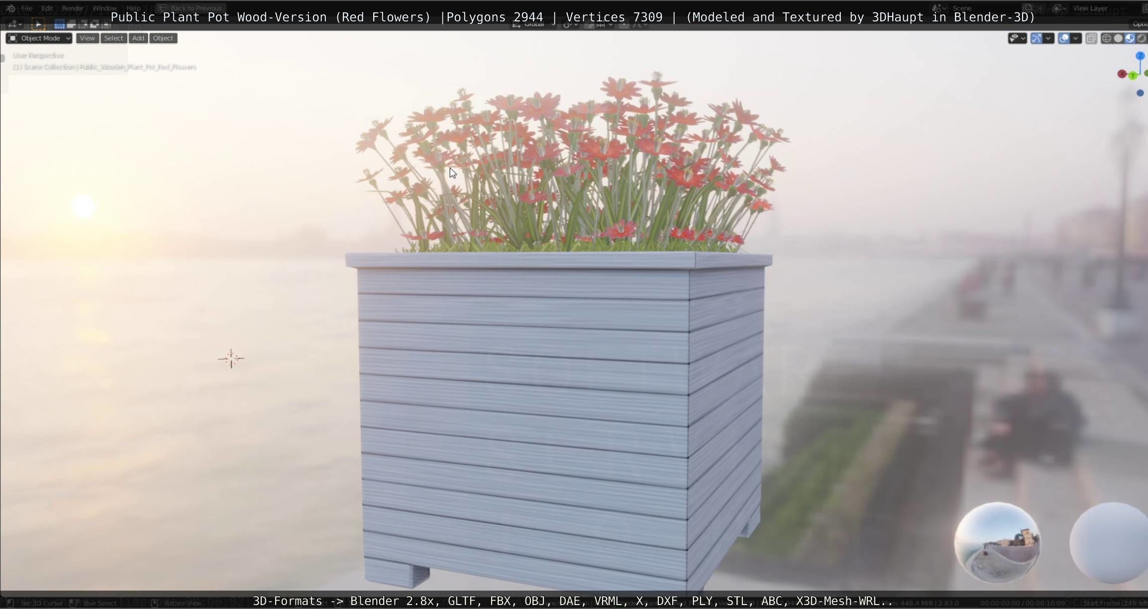 Public Plant Pot Wood-Version with Red Flowers Low-poly 3D model_12