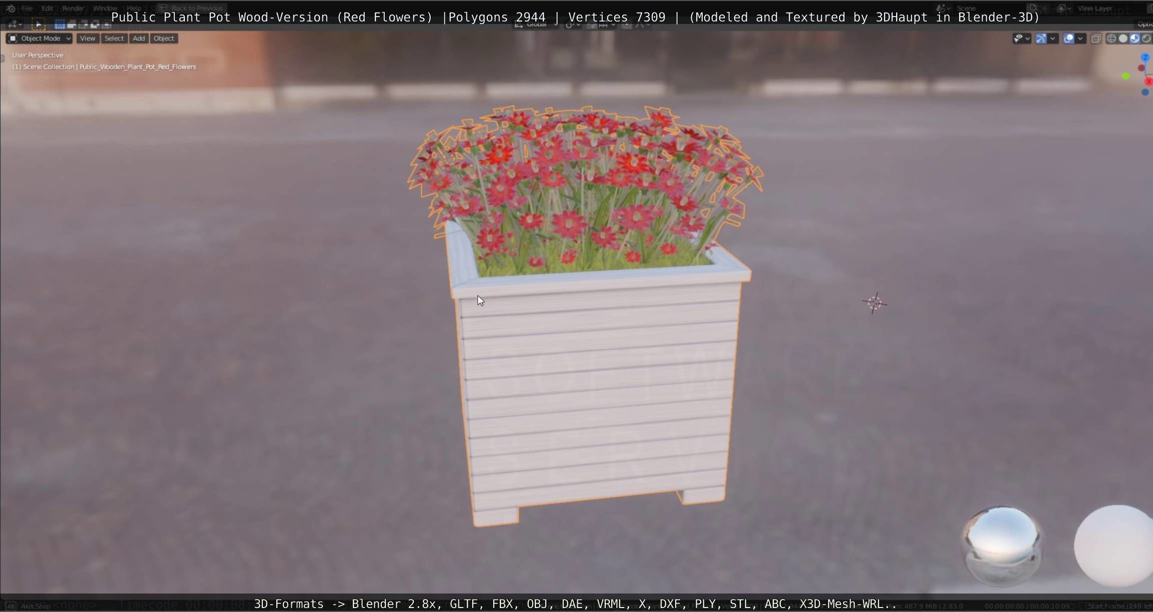Public Plant Pot Wood-Version with Red Flowers Low-poly 3D model_40