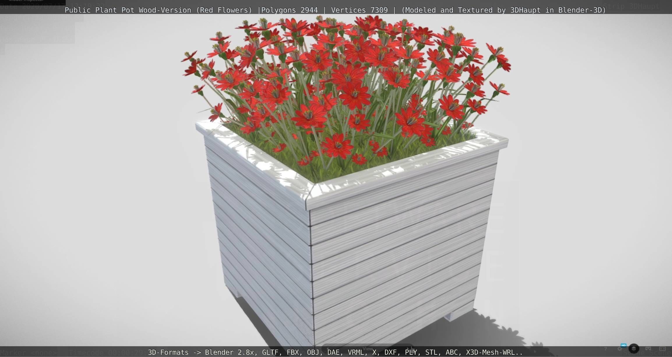 Public Plant Pot Wood-Version with Red Flowers Low-poly 3D model_136